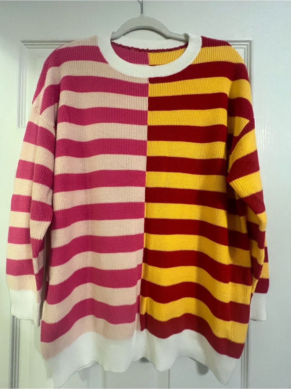 Colorblock Striped Crewneck Sweater - Pink, Light Pink, Yellow, Burgundy